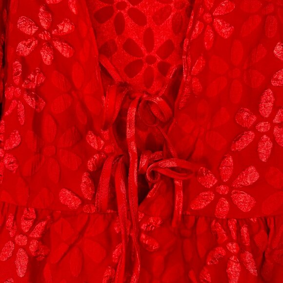 Red Bow Front Long Sleeve Floral Print Balloon Sleeve Baby-doll Dress 0XL - Picture 7 of 12